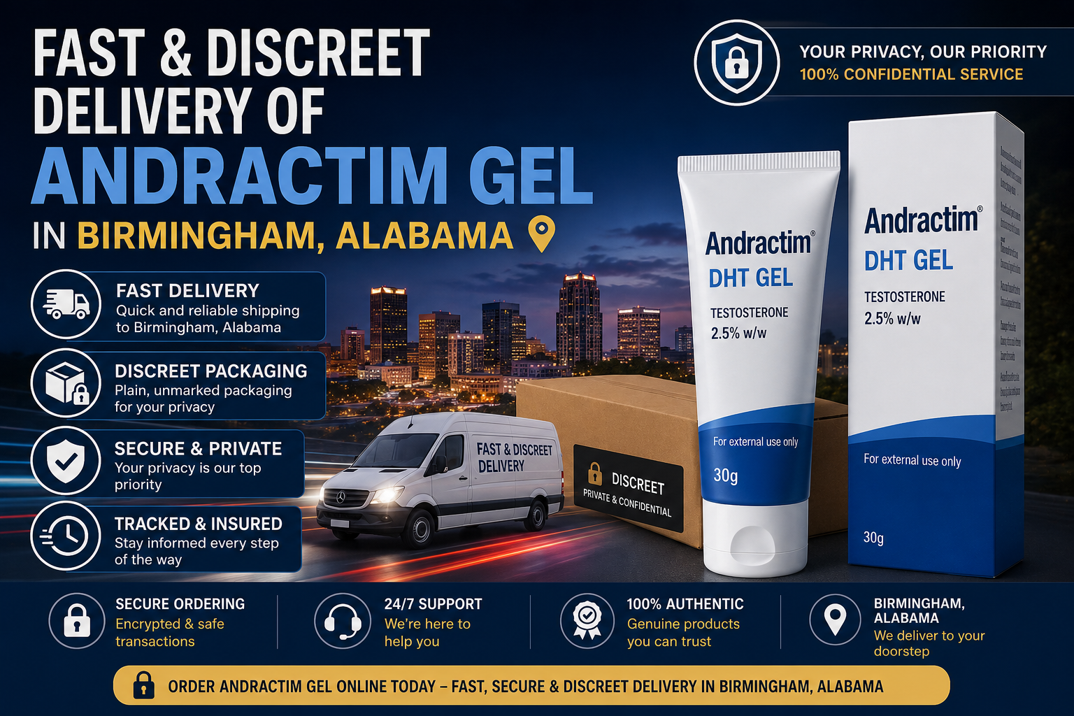Fast and discreet delivery of Andractim gel in Birmingham Alabama